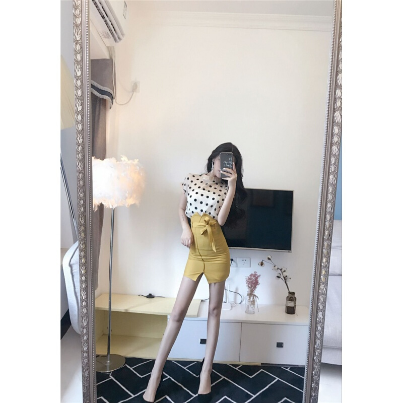 时尚套装女夏新款2018波点圆领上衣+休闲高腰开叉蝴蝶结绑带短裙