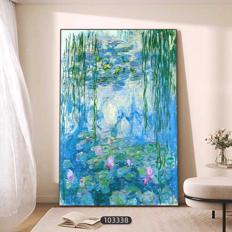玟书 现代简约壁画 烤瓷水晶画/亮光效果/高清透亮 莫奈睡莲 40*60cm 竖版F款高清大图