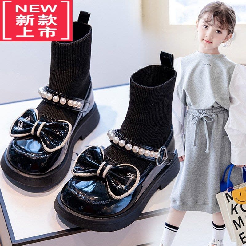 可莉允童鞋女童靴子春秋新款软底二棉袜靴中大童黑色玛丽珍马丁靴小女孩图片