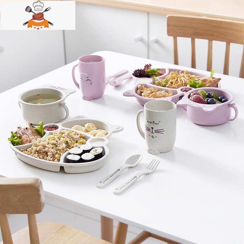 卡通儿童餐具套装分隔餐盘家用早餐盘子宝宝幼稚园分格盘饭团模具 汽车款5格8件套 北欧粉 敬平高清大图