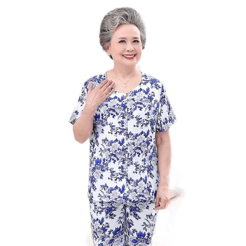 妈妈装夏装棉绸套装中老年人女装短袖开衫60岁70老太太绵绸奶奶装 莎丞图片