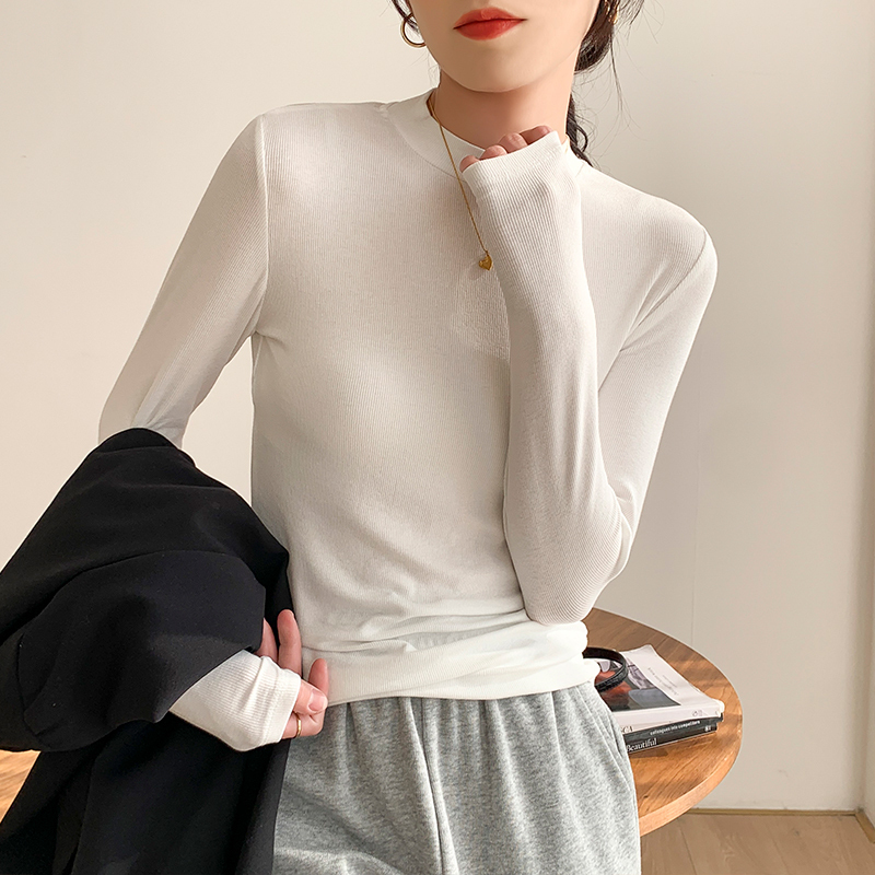 小样传奇螺纹立领打底衫女早春秋季修身百搭纯棉长袖T恤内搭上衣