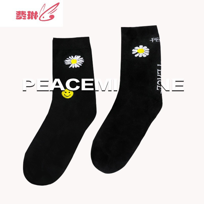 袜子士中筒ins潮夏季长筒高帮韩版高帮长袜GD小雏菊花袜peace 费琳