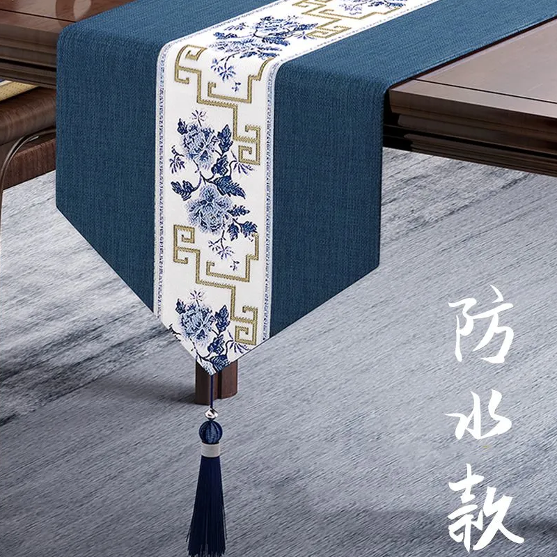 新中式桌旗禅意刺绣棉麻茶旗餐桌垫长条桌布艺现代简约电视柜盖巾 云中君-蓝色 33*360cm(适用桌长3米-3.2米)高清大图