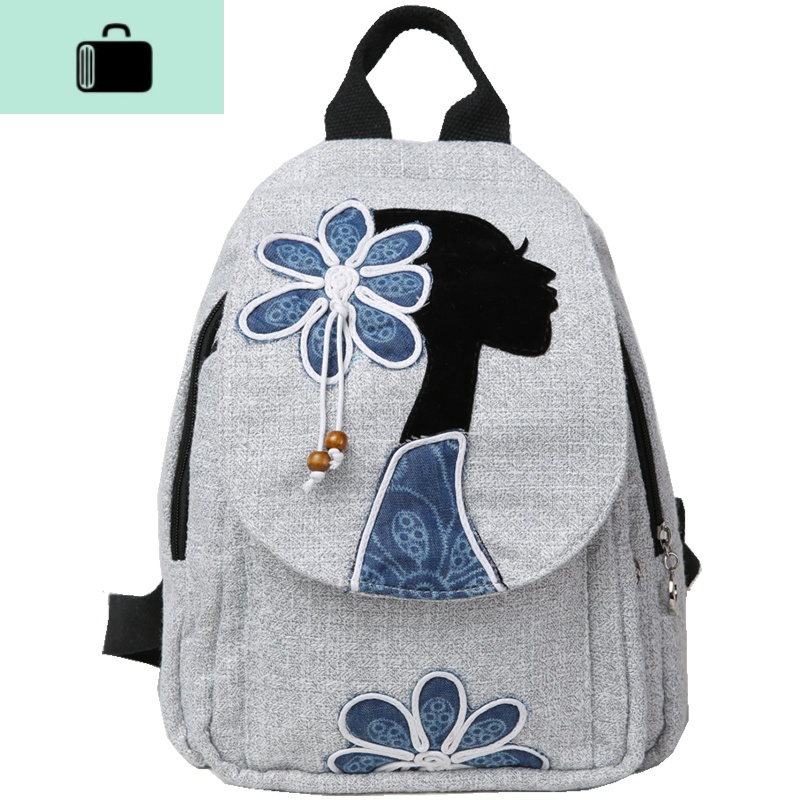 原创民族风中国风帆布新款手工双肩包旅游复古背包文艺范布艺女包NEW LAKE 乳白色