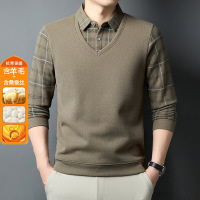 冬季含羊毛蚕丝男士假两件加绒加厚保暖衬衫领印花打底针织衫男_300814 4XL 黄色