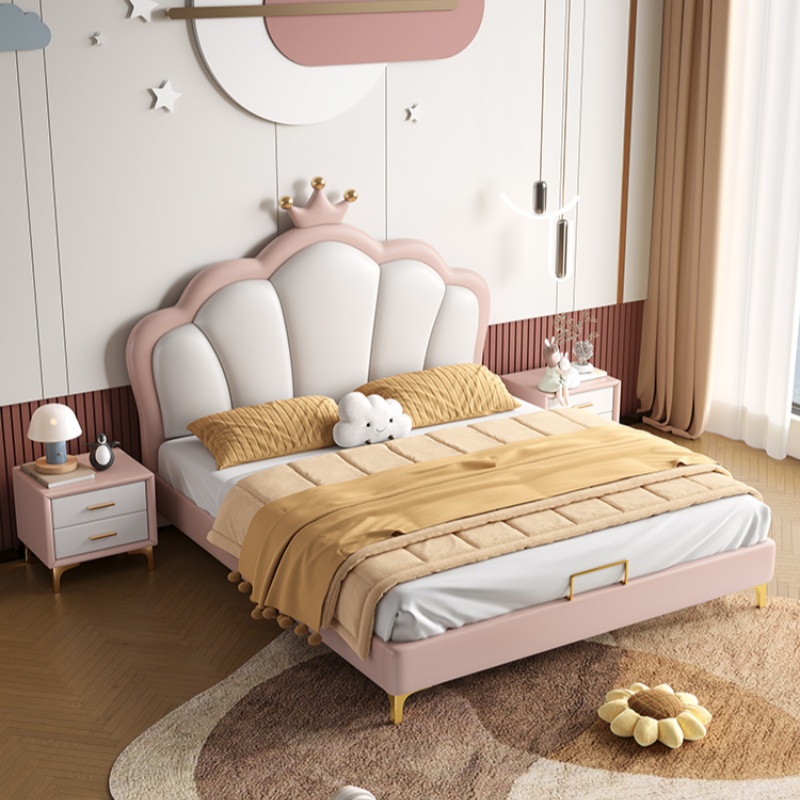 皇冠床小孩软包男孩女孩床粉色轻奢奶油风儿童房公主床高清大图