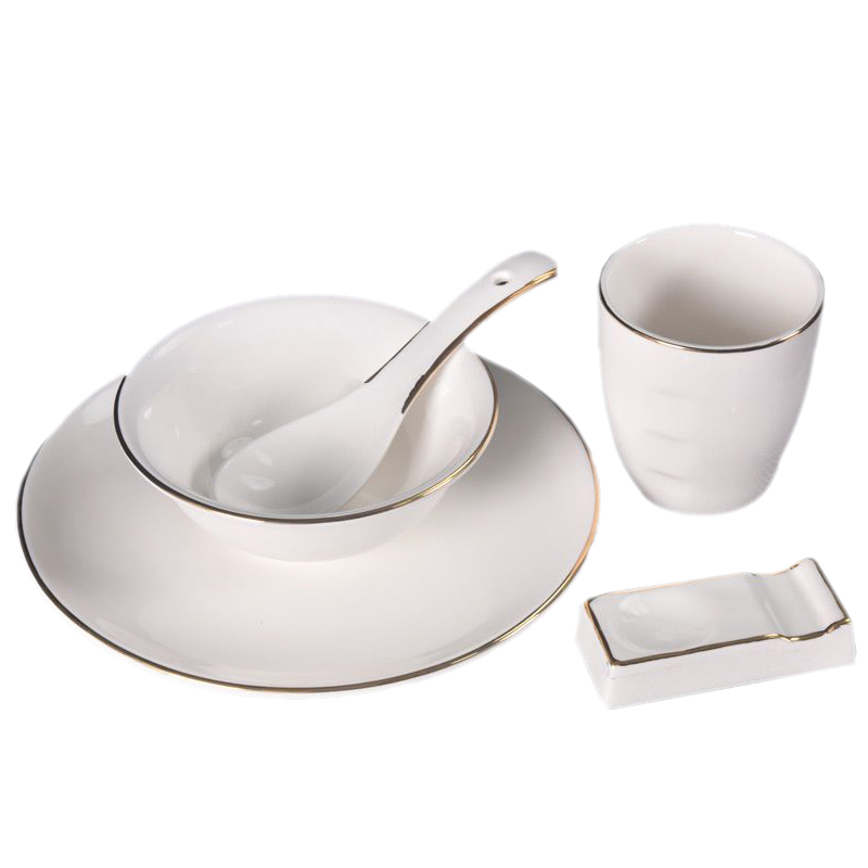 橙亿鸿 纯白陶瓷碗金边摆台餐具盘碗勺茶杯筷架筷子 六件套/件高清大图