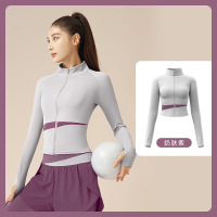 拼色加长瑜伽外套速干瑜伽服高领修身显瘦裸感健身上衣女 XL 奶肤紫