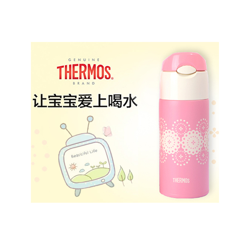 [绚粉烟花]THERMOS膳魔师 真空304不锈钢 儿童保冷保温杯 FHL-400FDS P 粉红 400毫升