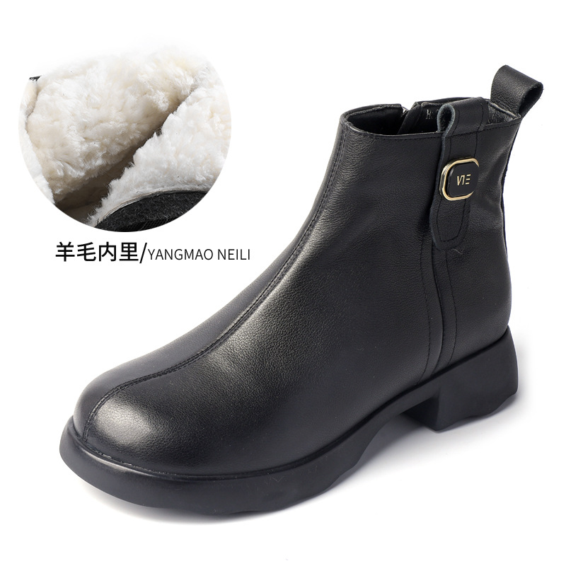 真皮棉鞋冬季新款英伦复古侧拉链粗跟靴羊毛内里马丁靴女短靴