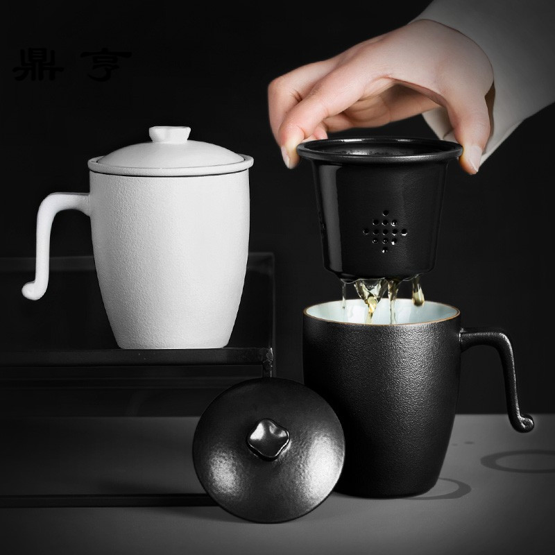 鼎亨过滤茶杯粗陶瓷带盖杯办公室会议简约水杯茶滤茶水分离黑陶