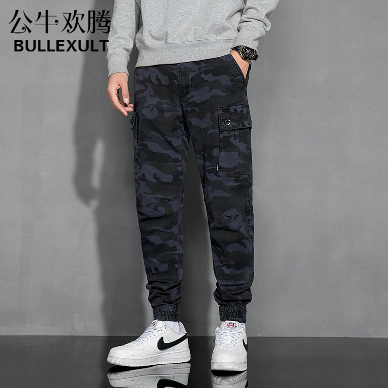 公牛欢腾2021春秋季新款男装迷彩休闲裤男式工装裤多袋裤耐磨小脚裤束脚长裤子