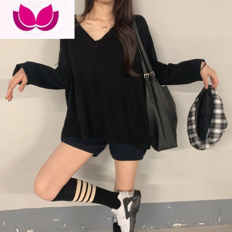 七斓2023年装新款韩版宽松V领长袖T恤女上衣内搭纯白色打底衫德绒