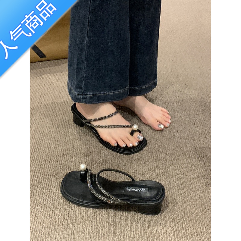 SUNTEK法式晚风凉拖外穿女鞋子2023年春夏新款仙女风配裙子粗跟黑色凉裙高清大图