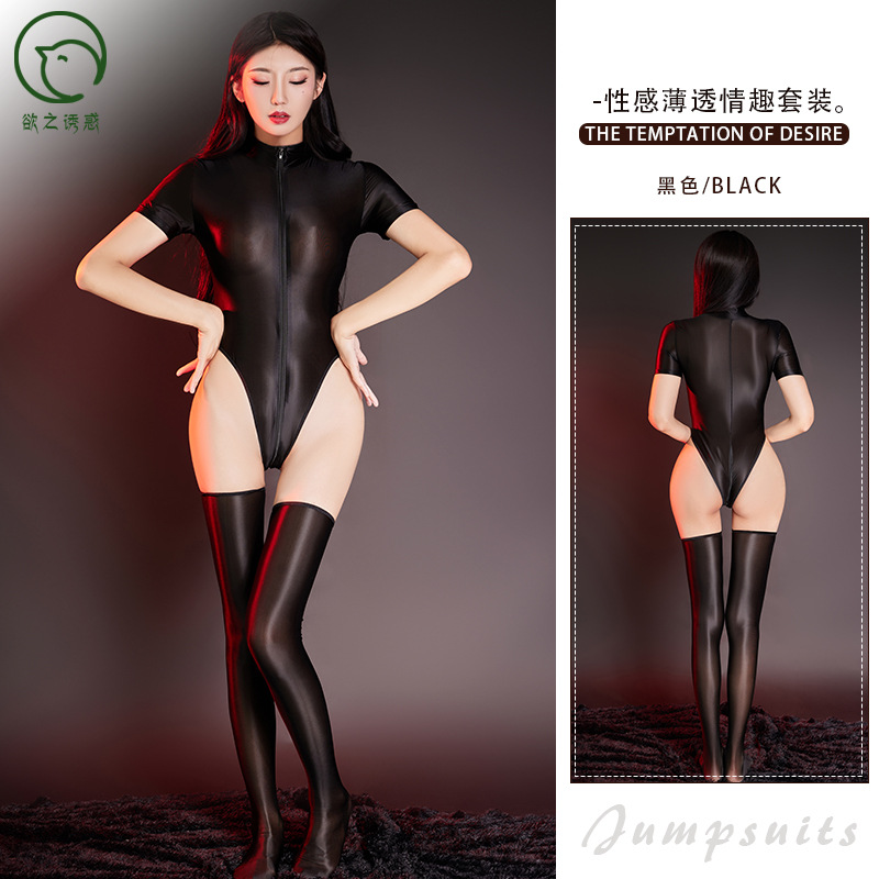 情趣内衣欲之诱惑2024新款紧身高弹透视油亮套装性感风趣情趣内衣 黑色 均码
