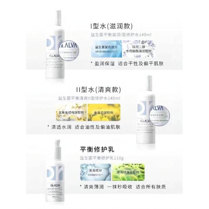 Dr.Alva 益生菌精研平衡修护水乳 2型清爽型护肤套装 (爽肤水140ml+乳液110g)