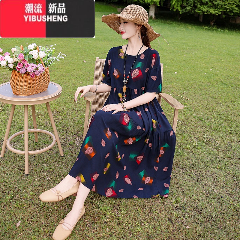 YIBUSHENG季年轻款新款高端棉绸连衣裙气质优雅妈妈短袖薄款高级感沙滩感高清大图