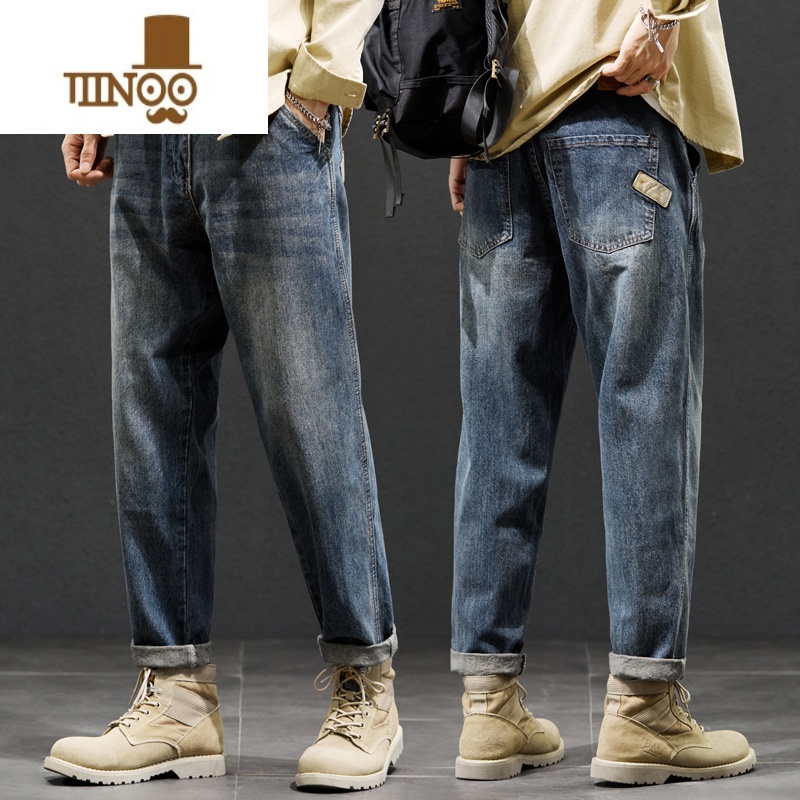 YANXU秋季牛仔裤男士宽松直筒工装大码2023潮牌男装九分休闲长裤子 31 FE_0060怀旧蓝