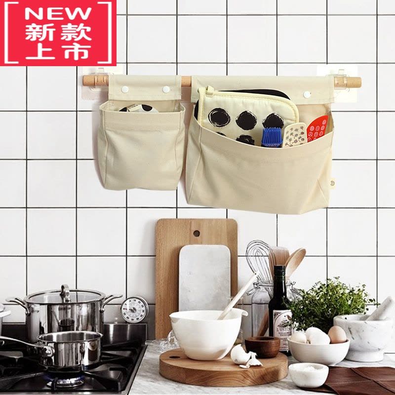 可莉允日式新款棉布纯色白杆挂袋扶手围栏多功能厨房用具收纳挂袋立体袋图片