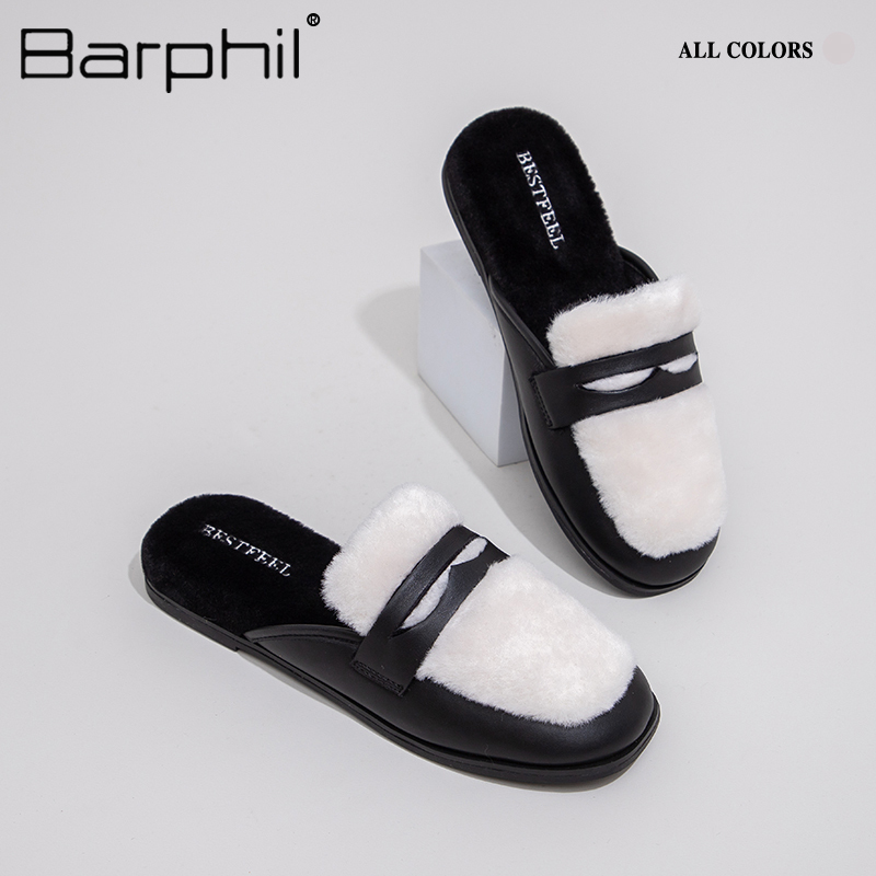 Barphil外穿半拖鞋2023冬季新款加绒保暖懒人一脚蹬棉鞋小皮鞋女