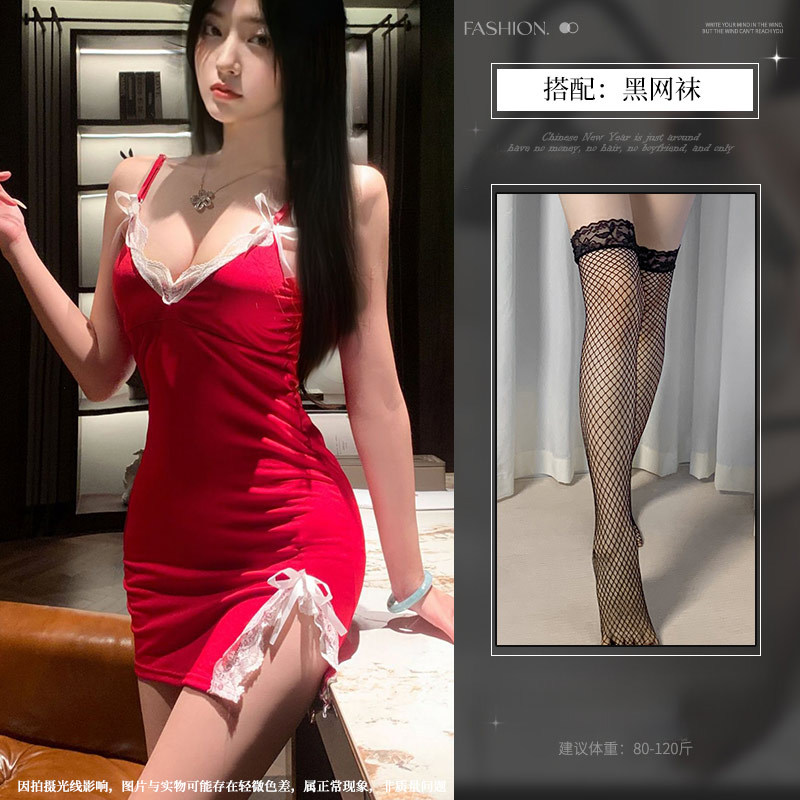 网红吊带睡衣女裙夏性感可爱修身纯欲风蕾丝可胸垫睡裙家居服1361 酒红色【不加胸垫】+黑网袜 XL【115-130斤】