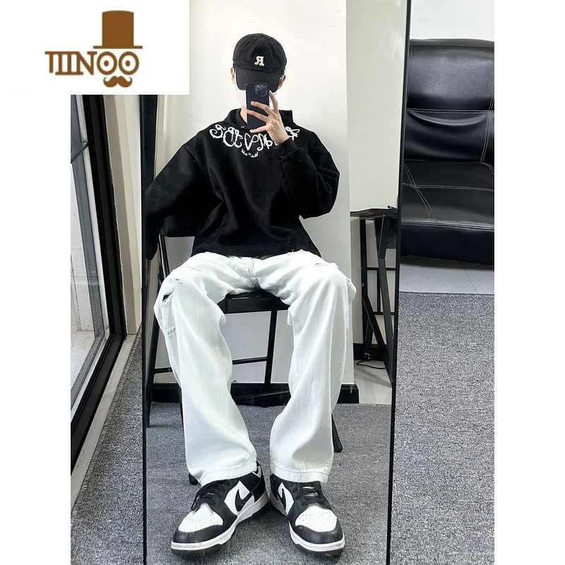 YANXU夏季潮款高街vibe风白色破洞牛仔裤男美式宽松直筒休闲百搭长裤子