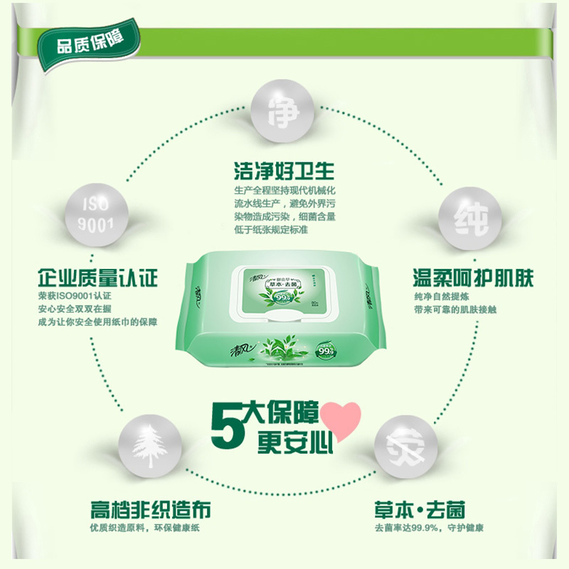 清风湿巾大包装湿纸巾成人抽取式80片家用经济装卫生湿巾草本去菌6包装