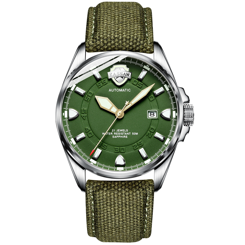 卡梭(KASSAW)手表全自动机械表皮带夜光男表军表防水时尚商务男士腕表15008M