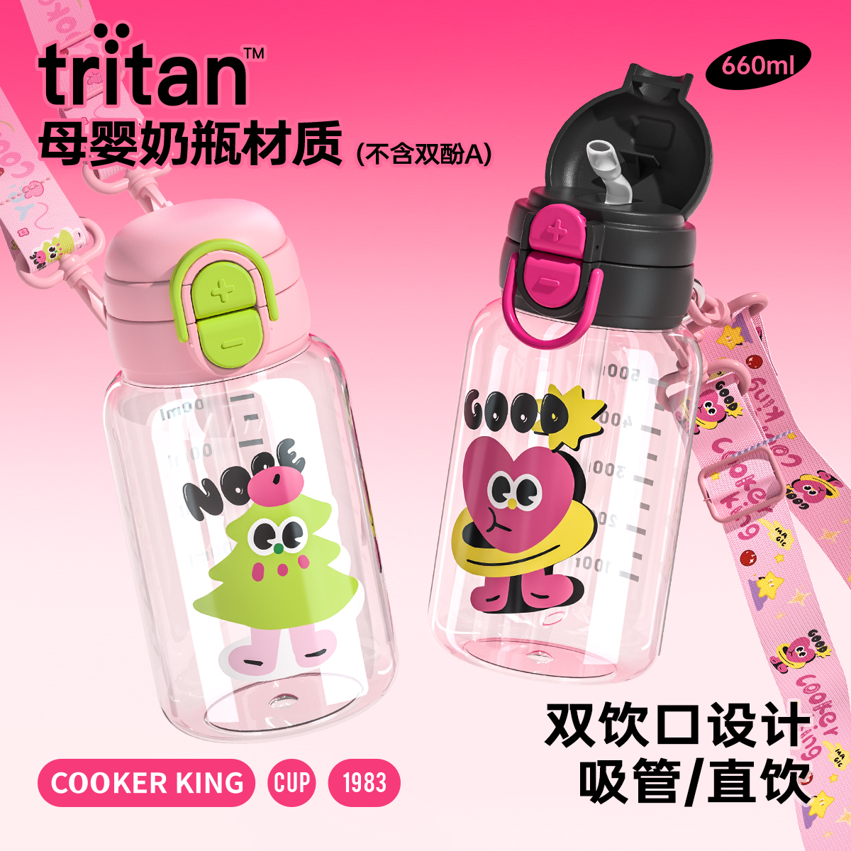 炊大皇儿童水杯双饮吸管杯tritan塑料杯上学大容量夏杯子女带背带高清大图