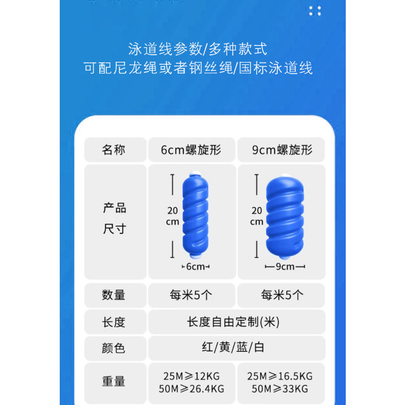 群泰(Quntai)游泳池泳道线 浮桥水线 比赛线 泳池分道线螺旋型直径9cm/长50米