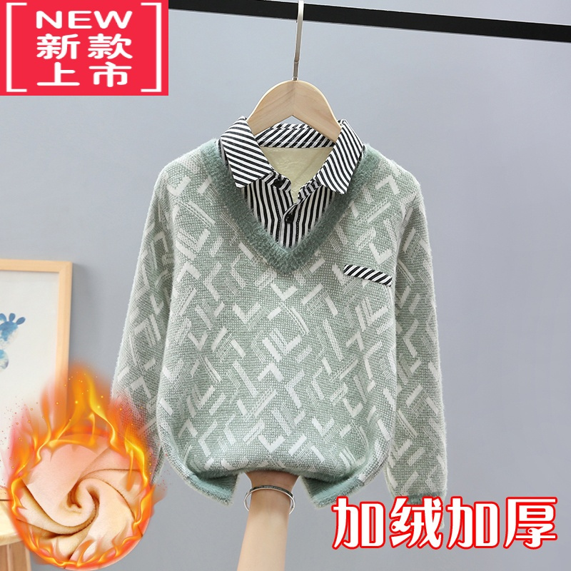 可莉允男童毛衣假两件秋冬款中大童针织衫加绒加厚儿童10男孩12岁
