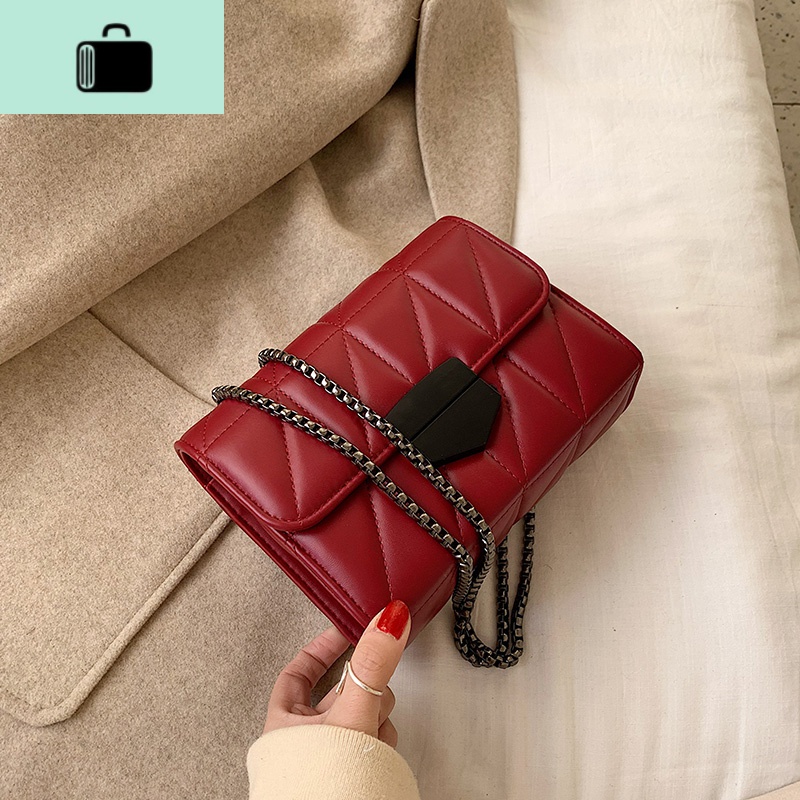 ins小包包女包2020夏季新款潮百搭复古链条斜挎包网红时尚小方包NEWLAKE 酒红色