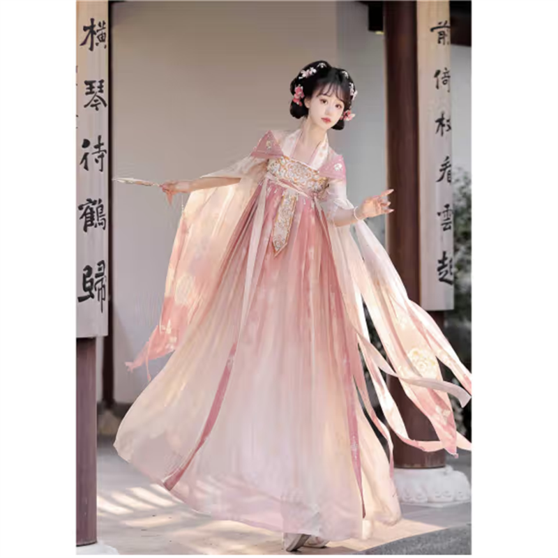 HD 唐制汉服女齐胸破袖汉元素重工绣花春夏日常汉服 [粉色]破袖上衣+下裙+刺绣披肩S高清大图