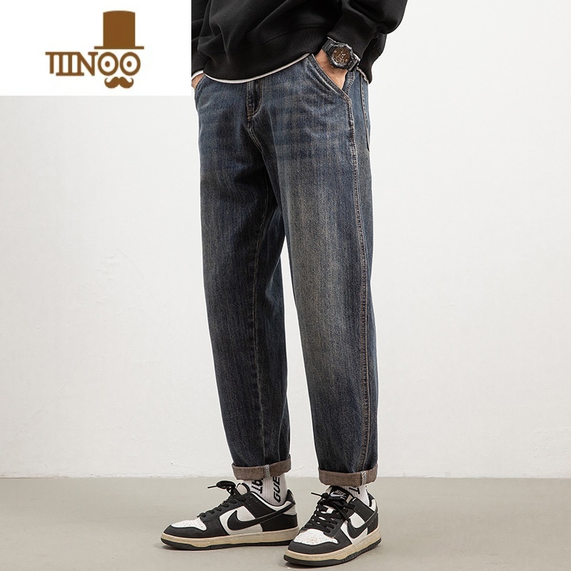 YANXU牛仔裤男士夏季薄款潮牌复古九分裤2023新款宽松直筒弹力休闲裤子 N8012蓝色 29