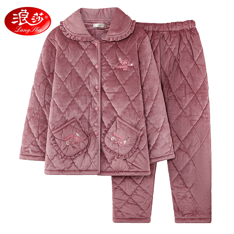 浪莎睡衣女款冬季珊瑚绒加厚加绒三层夹棉中老年人妈妈保暖家居服高清大图