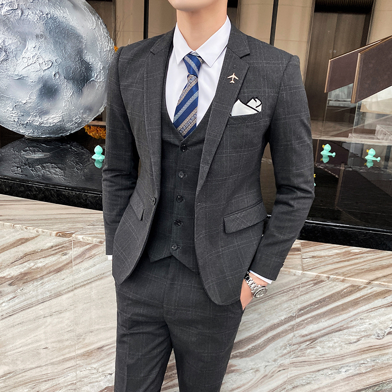 kang休闲西服套装男潮流帅气职业正装三件套修身韩版新郎结婚西装外套