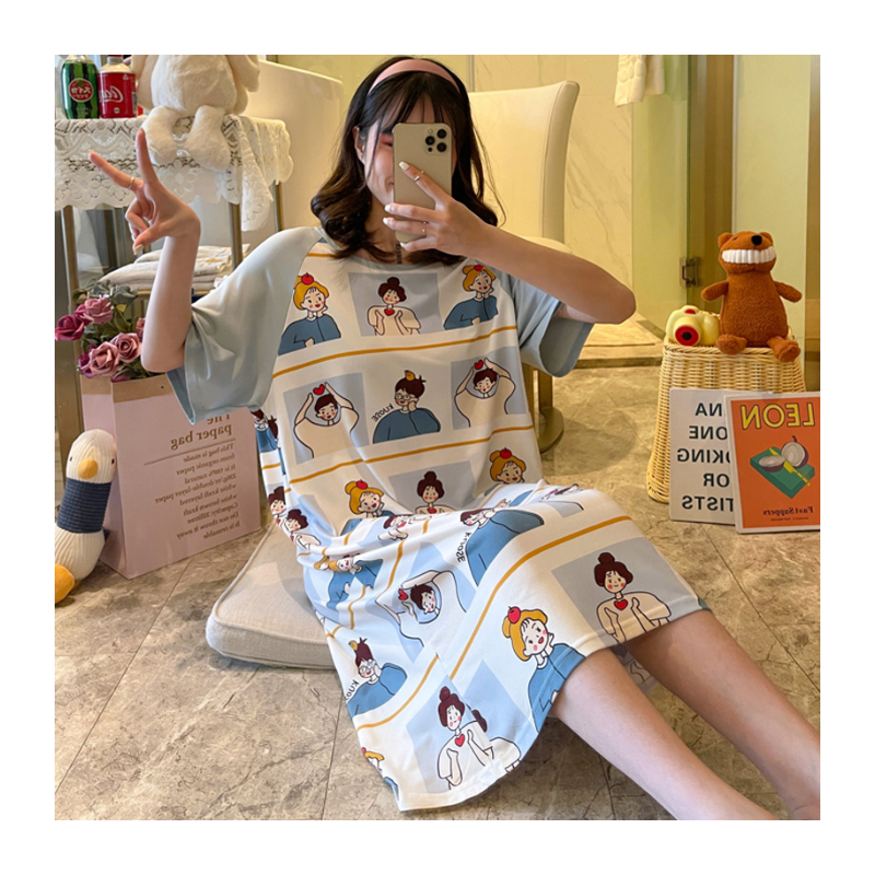 睡衣女夏韩版纯棉可爱卡通孕妇薄款宽松开心猫夏天短袖学生睡裙