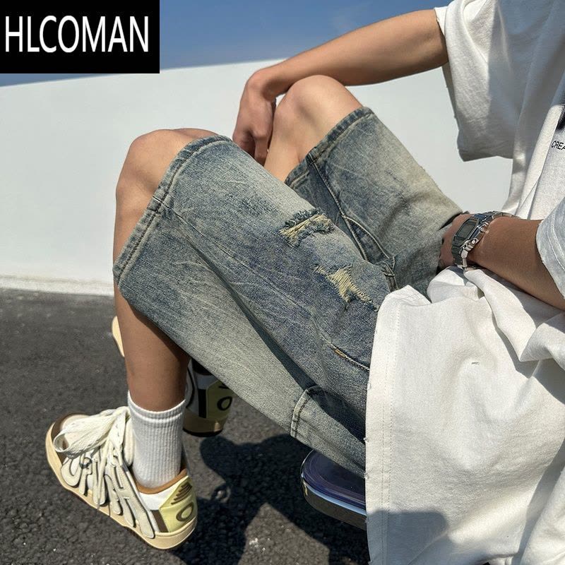 HLCOMAN破洞牛仔短裤男款夏季美式潮流宽松休闲裤子水洗大码高街五分裤子图片