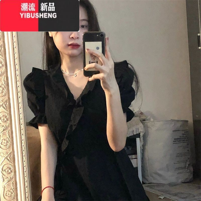 YIBUSHENG法式复古气质小黑裙木耳边V领收腰显瘦连衣裙季a字裙女学生韩版