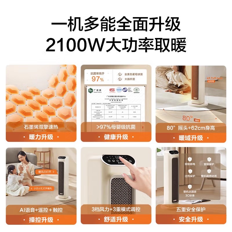 艾美特(AIRMATE)取暖器远程遥控家用暖风机石墨烯即热智能控温节能电暖气立式80度摇头3档调温 HP21-SR75高清大图