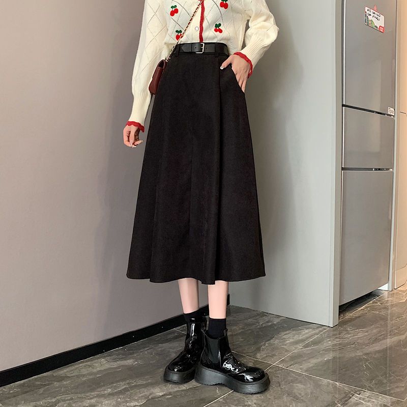 秋冬半裙子2021年新款高腰显瘦黑色垂感中长款a字裙女气质半身裙