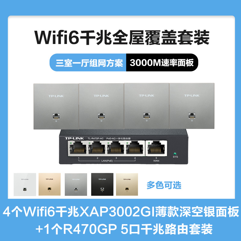 普联(TP-LINK)全屋覆盖WIFI6三室一厅3000M 5G双频无线面板AP套装4个wifi6面板XAP3002GI薄款(方)深空银+5口千兆一体化路由器智能家居大户型复式别墅