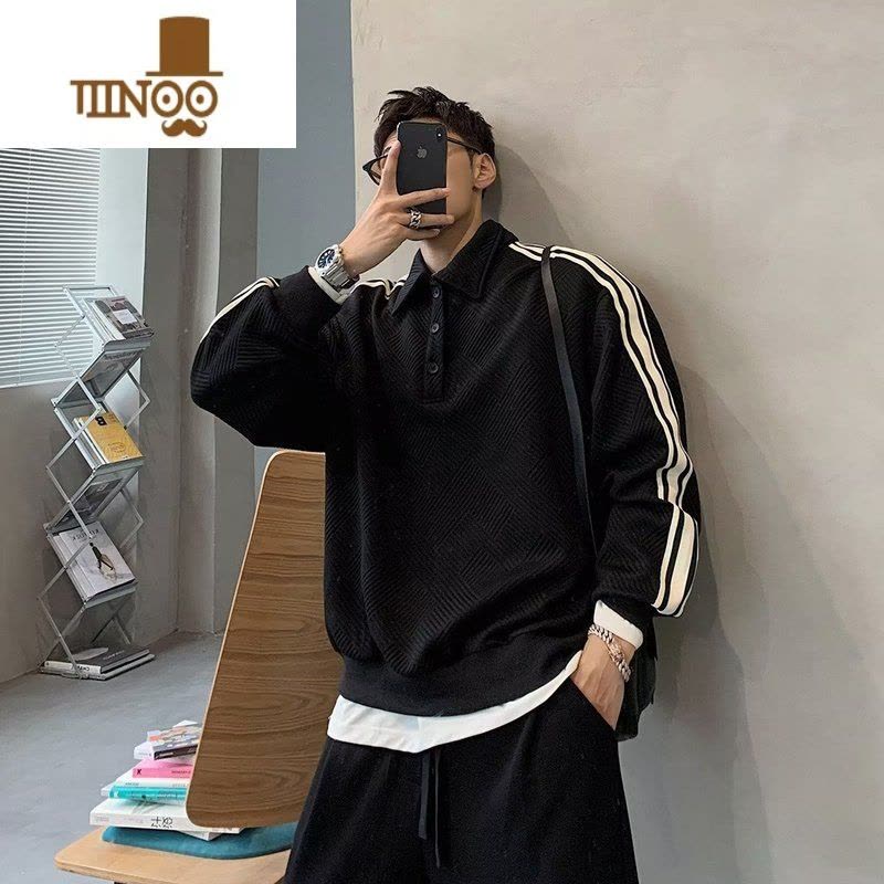YANXU2022秋季新款翻领长袖polo衫男ins撞色条纹翻领套头卫衣oversize图片