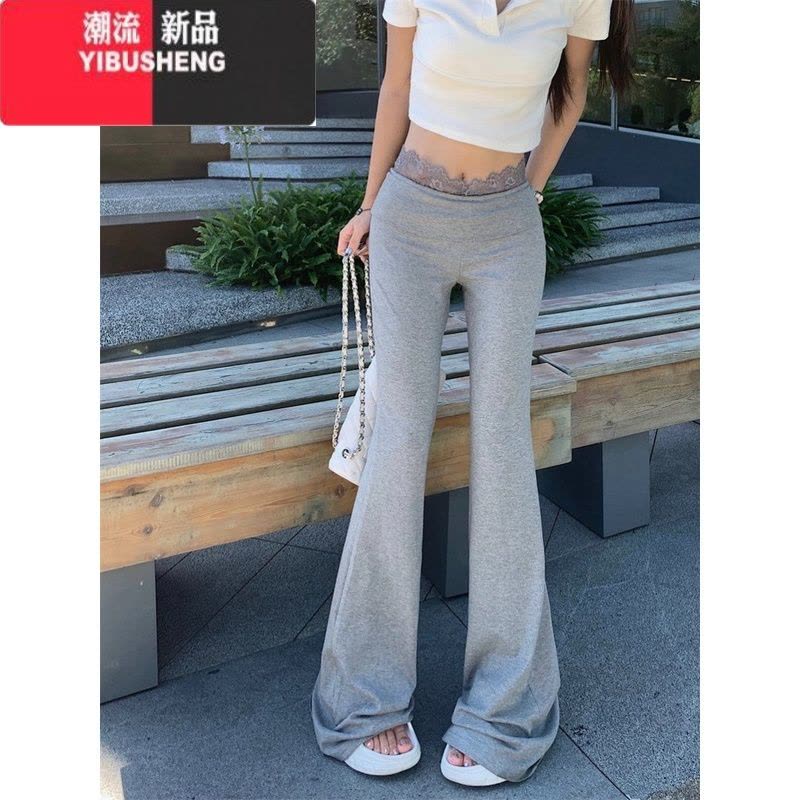 YIBUSHENG黑色蕾丝微喇叭休闲裤女季新款高腰修身阔腿裤小个子拖地长裤子图片