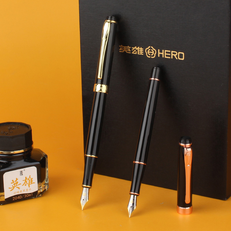 英雄（HERO）钢笔商务办公礼品套装铱金钢笔 简约黑金配日常书写明尖墨水笔1771