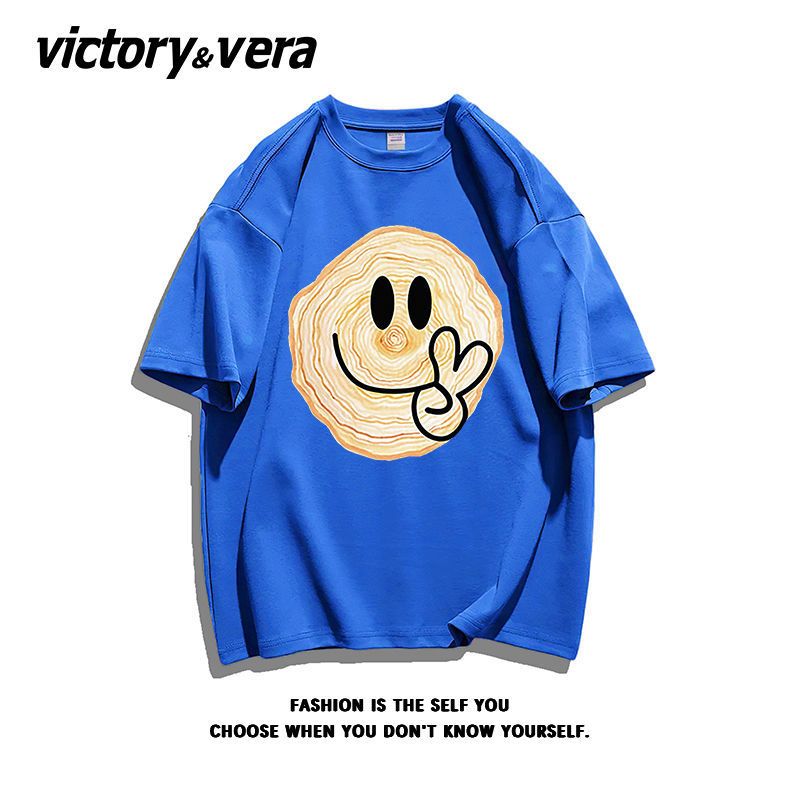 VICTORYVERA趣味笑脸印花ins盐系短袖T恤女夏季2022纯棉宽松体恤