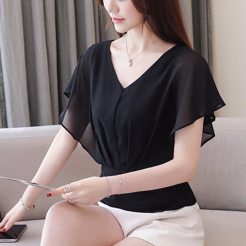 蝴蝶袖气质修身雪纺衫新款百搭雪纺衫v领超仙短袖上衣女