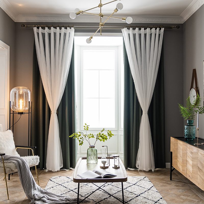 美帮汇新款棉麻双层星星遮光北欧简约卧室少女飘窗全遮光成品窗帘布 米粒墨绿丽莎（布纱一体） 定制每米（含挂钩加工）