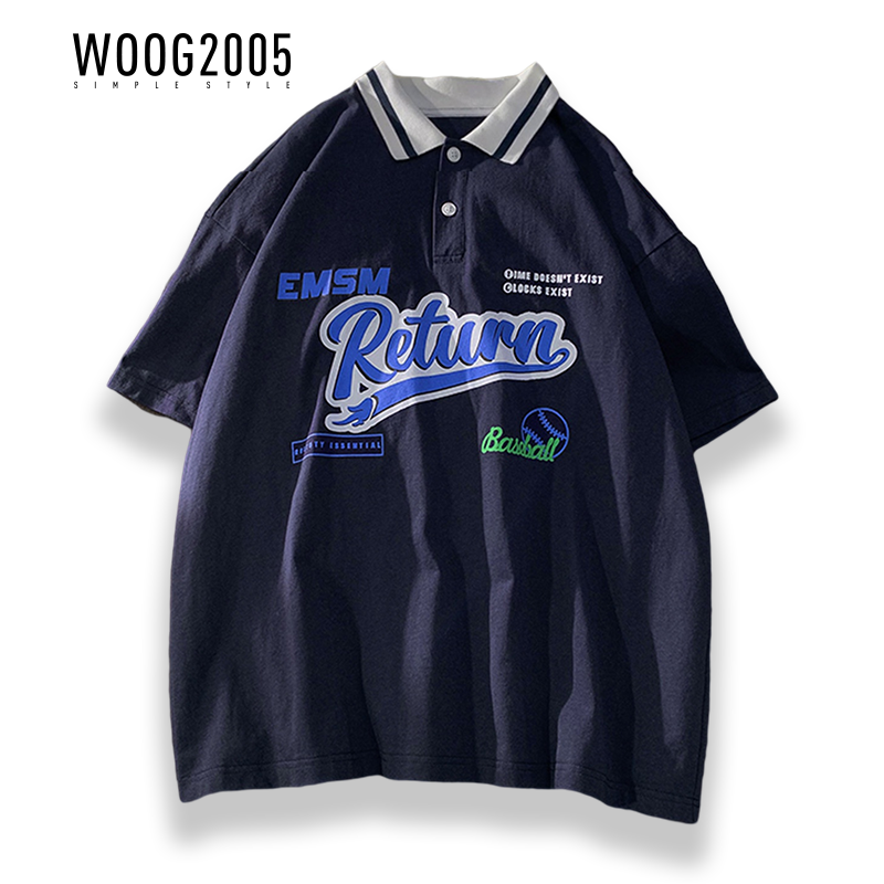 WOOG2005撞色翻领polo衫短袖男生夏季潮牌港风潮流宽松百搭t恤衫
